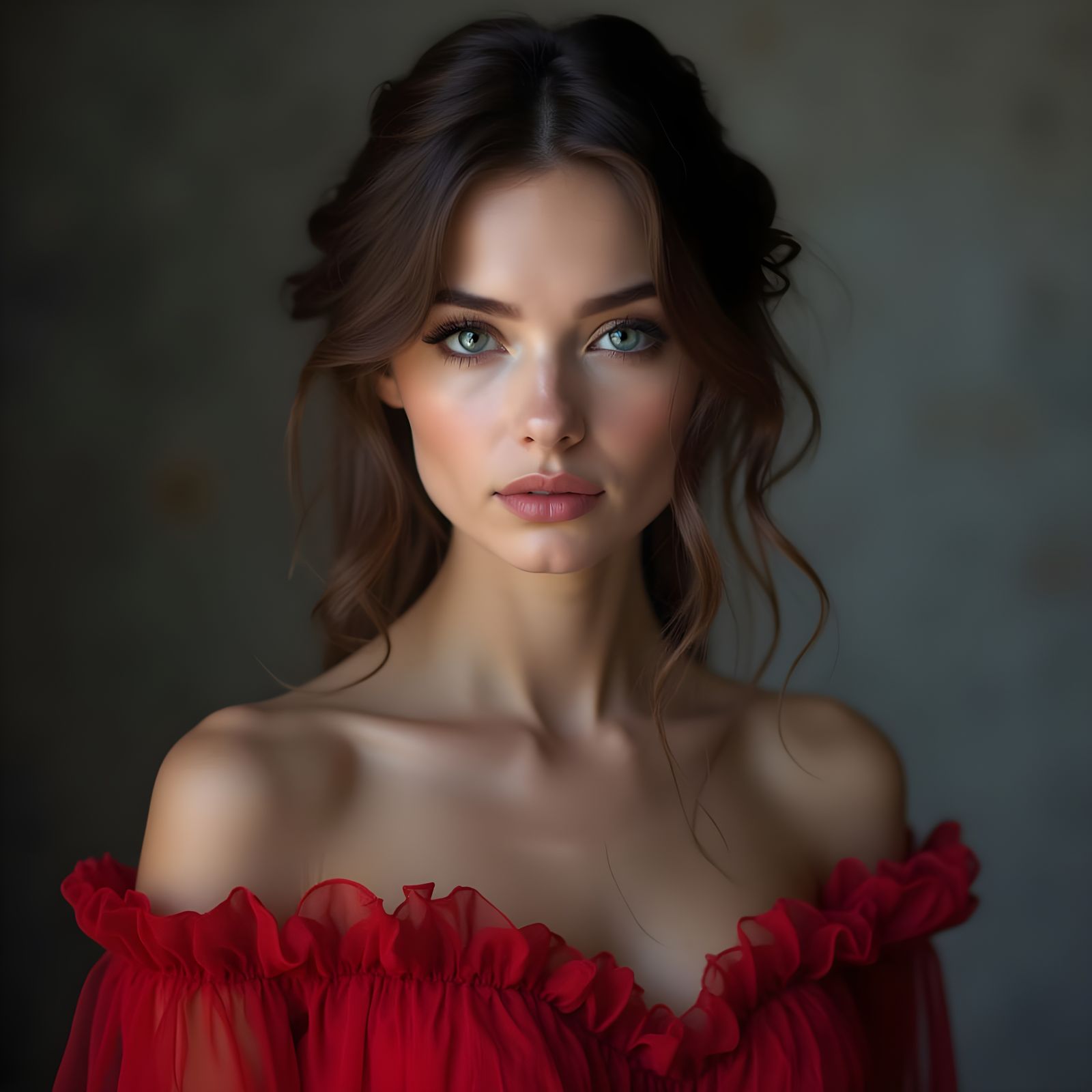 Woman with Indigo Eyes in Detailed Red Dress