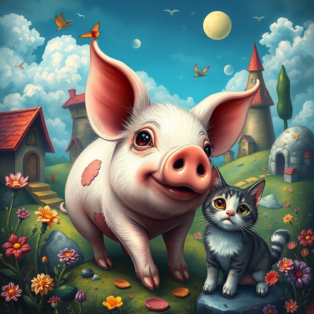 Fantasy Pig and Cat in Whimsical Realm