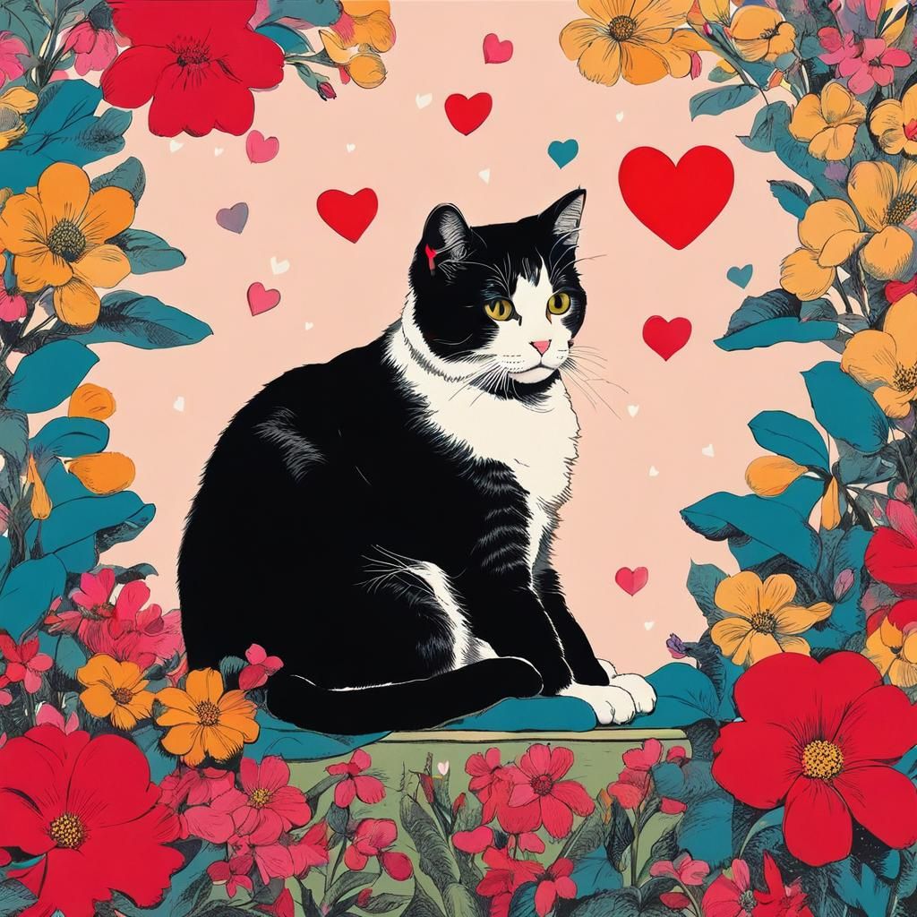 Pop Art Cat on Pillow with Flowers