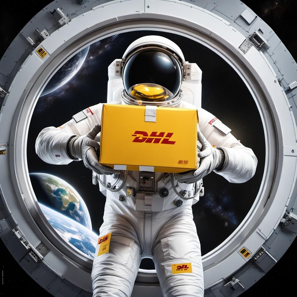 Astronaut Delivering DHL Package in Space Near Station