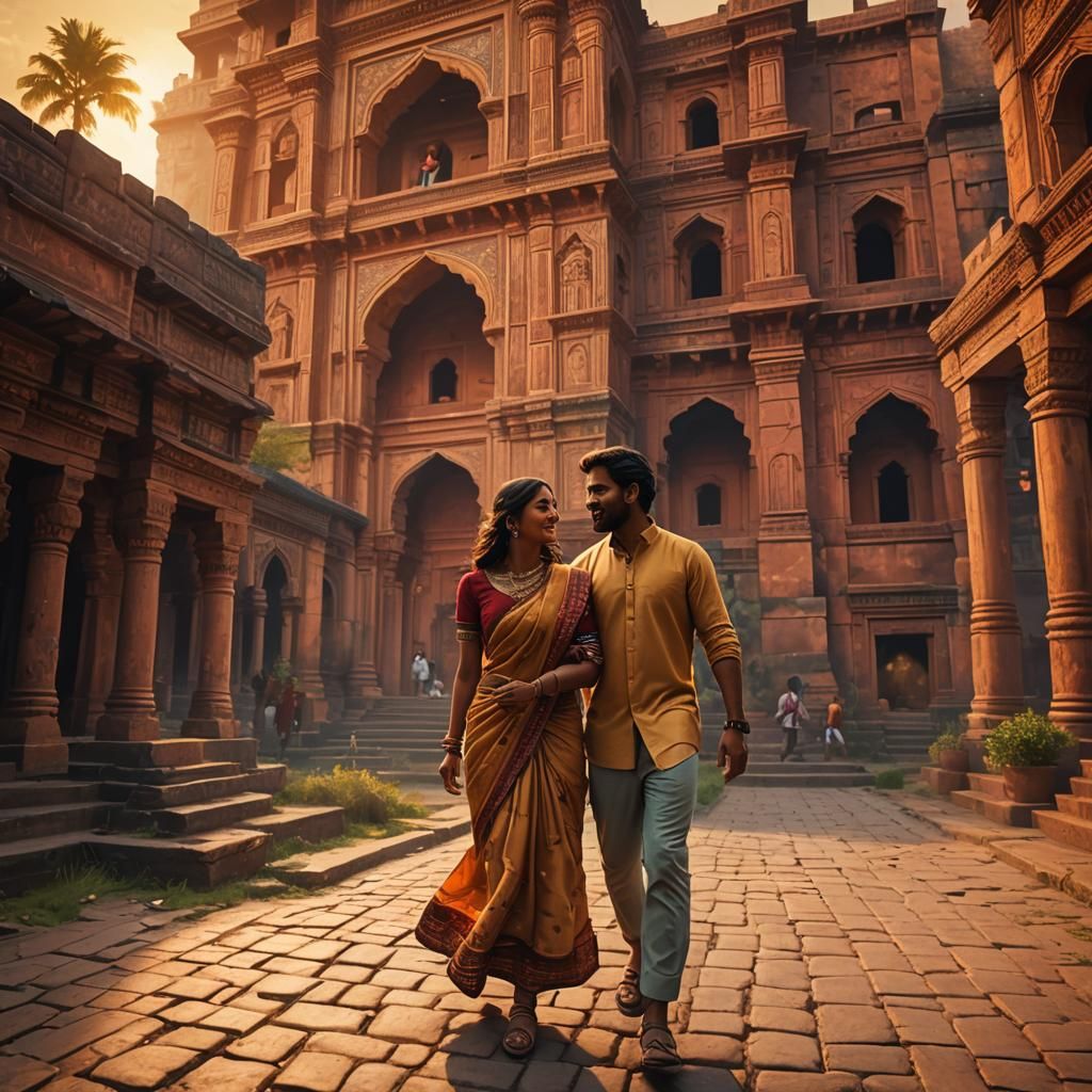 Indian Couple Running in Ancient City at Sunset