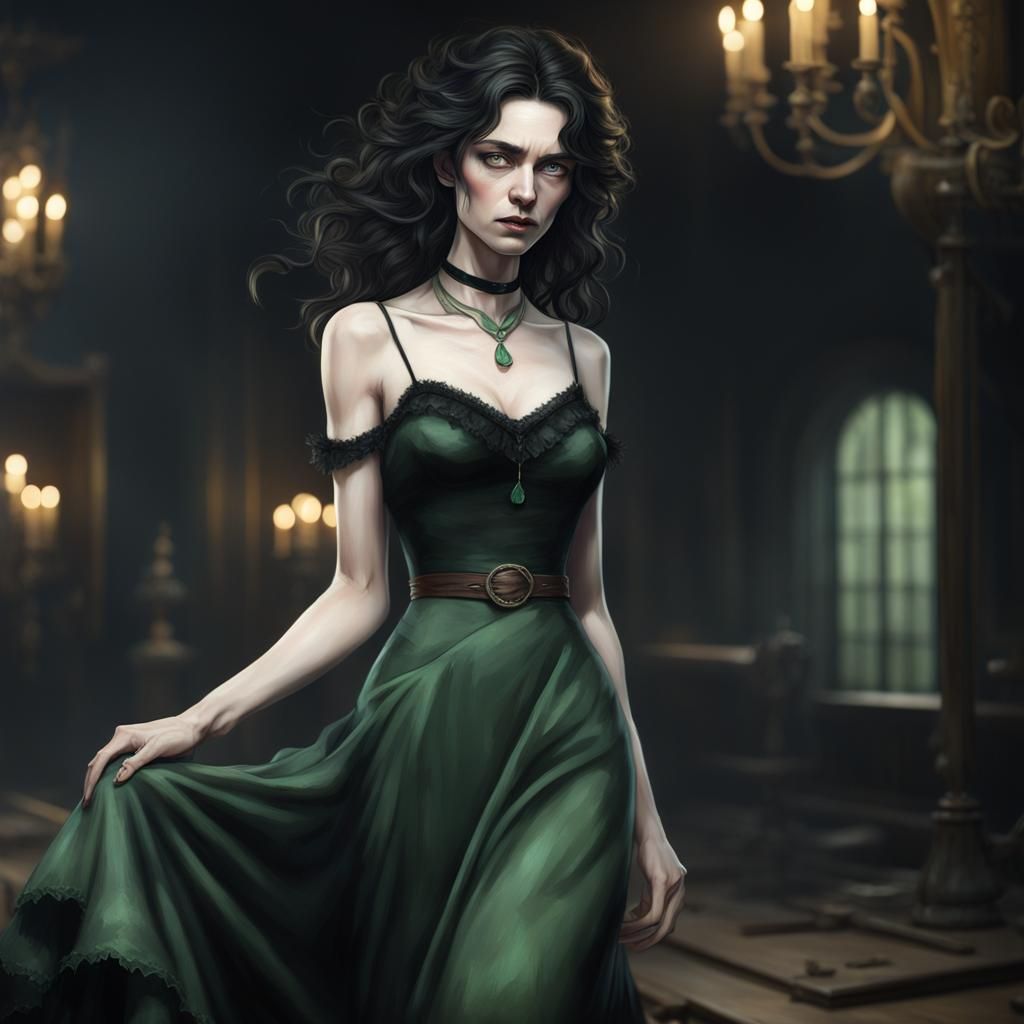 Ethereal Woman in Black Dress, Horror Art Style