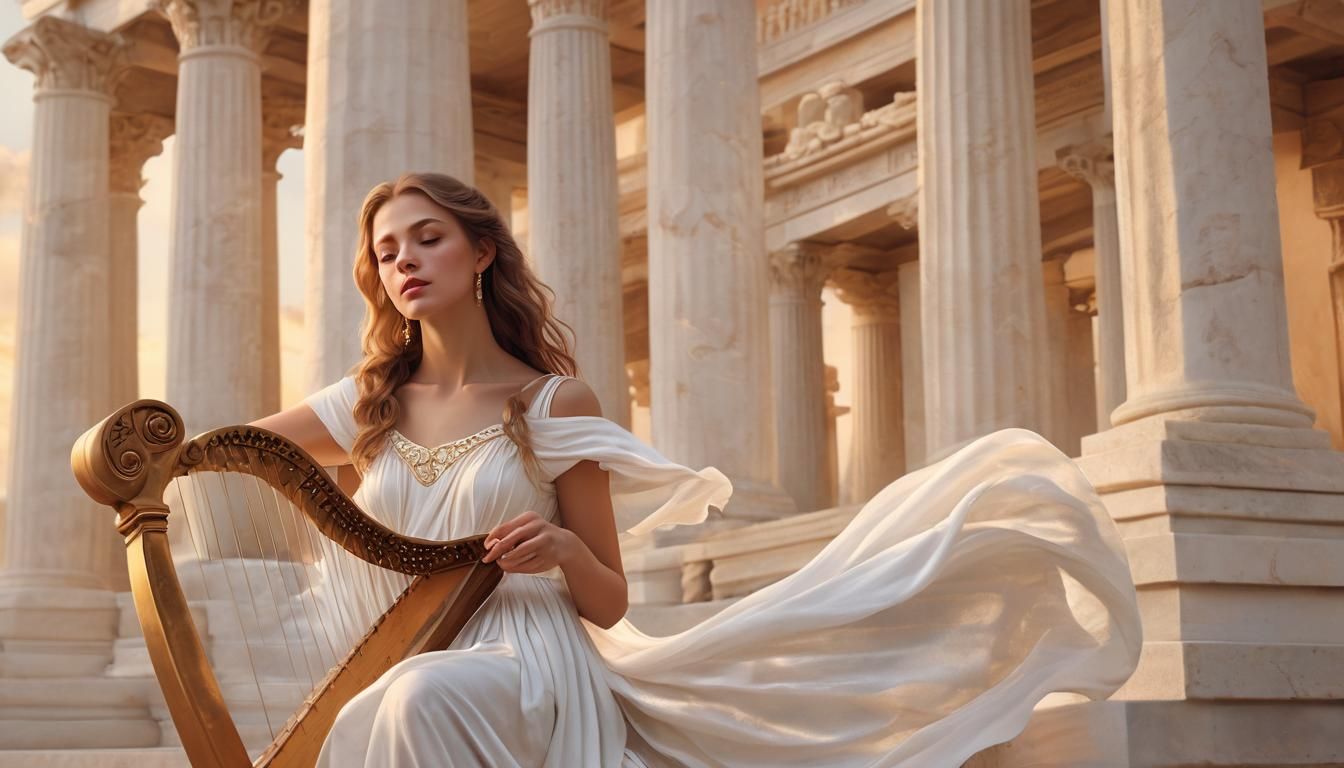 Woman Plays Lyre in Greek Temple at Sunset