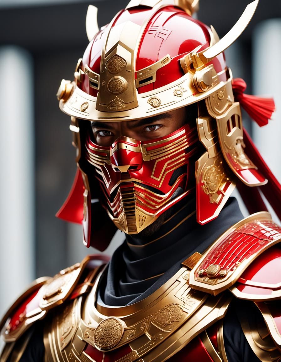 Futuristic Samurai in Red and Gold Armor