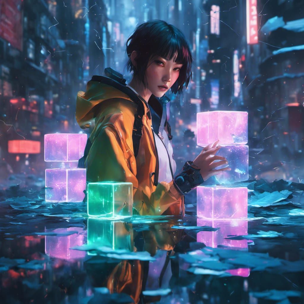 Cyberpunk Anime Girl with Floating Cubes