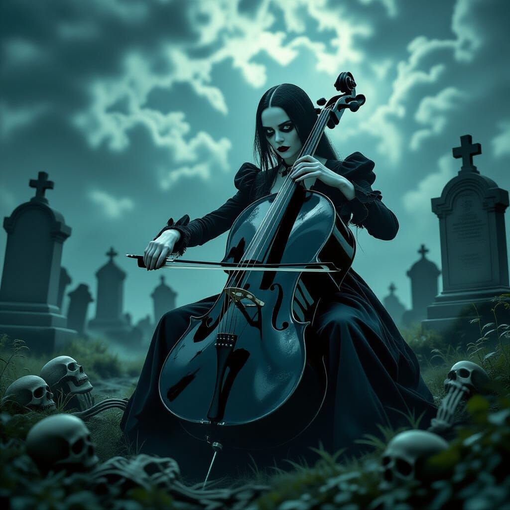Wednesday Addams Plays Cello with Knife Bow in Gothic Cemete...