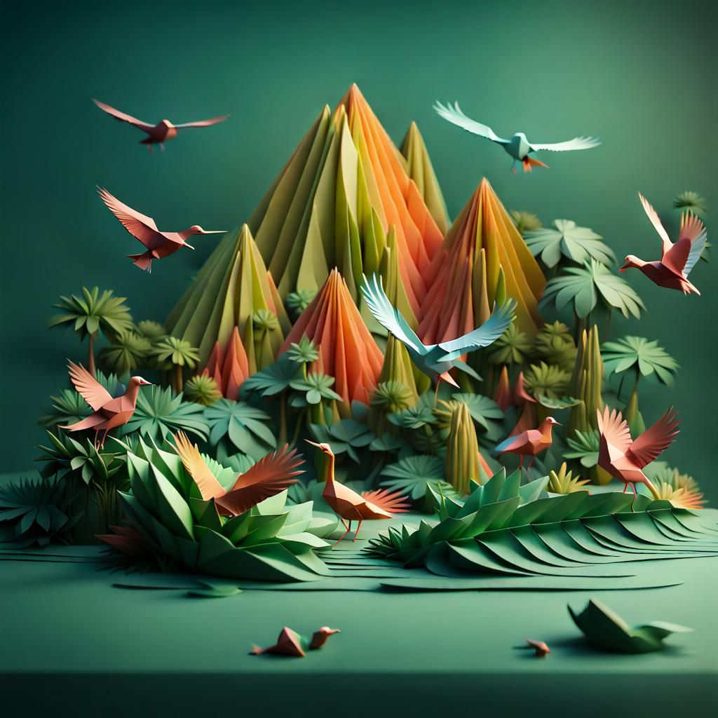 Origami Jungle Birds on Island: Papercraft Digital Painting