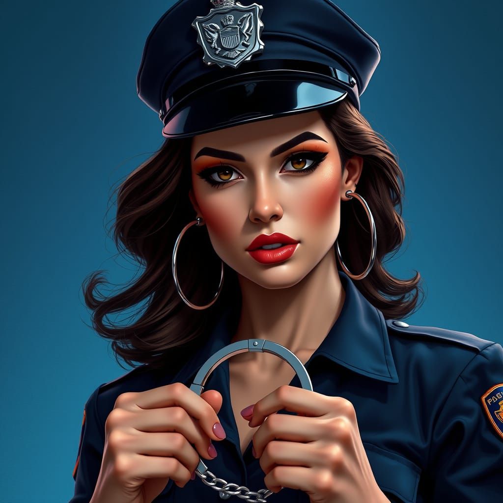 Confident Female Police Officer in Pin-up Style