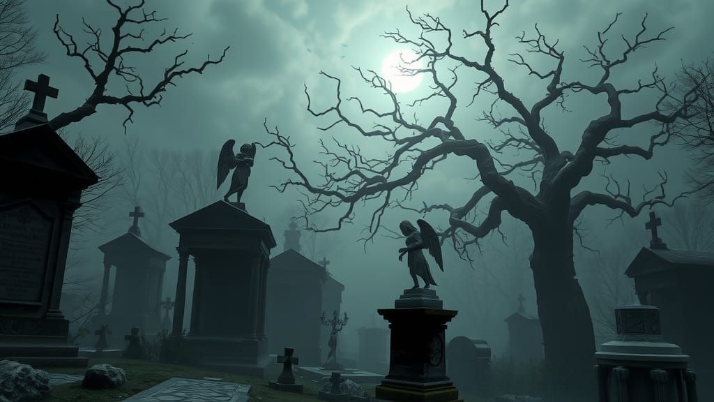 Eerie Graveyard with Gothic Statues in Surreal Style