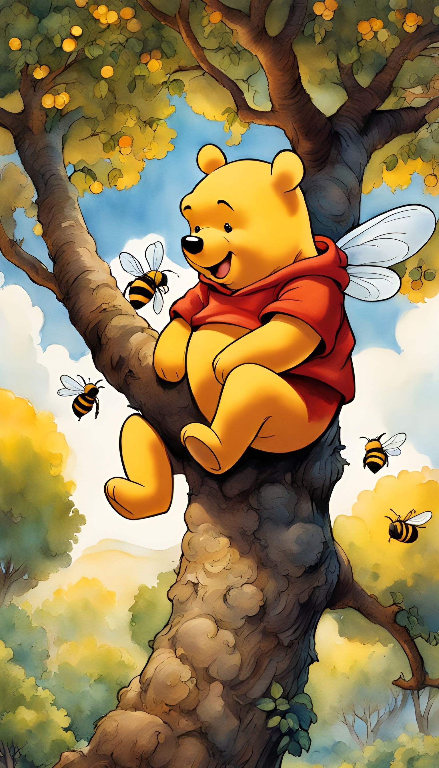 Pooh Bear Climbing for Honey, Watercolor Illustration