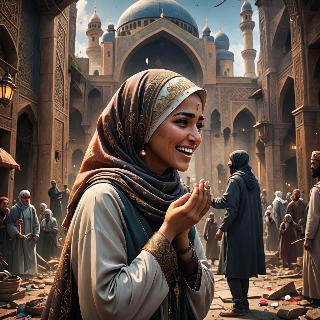 Crying Hijabi Cheered Up: Detailed Fantasy Art