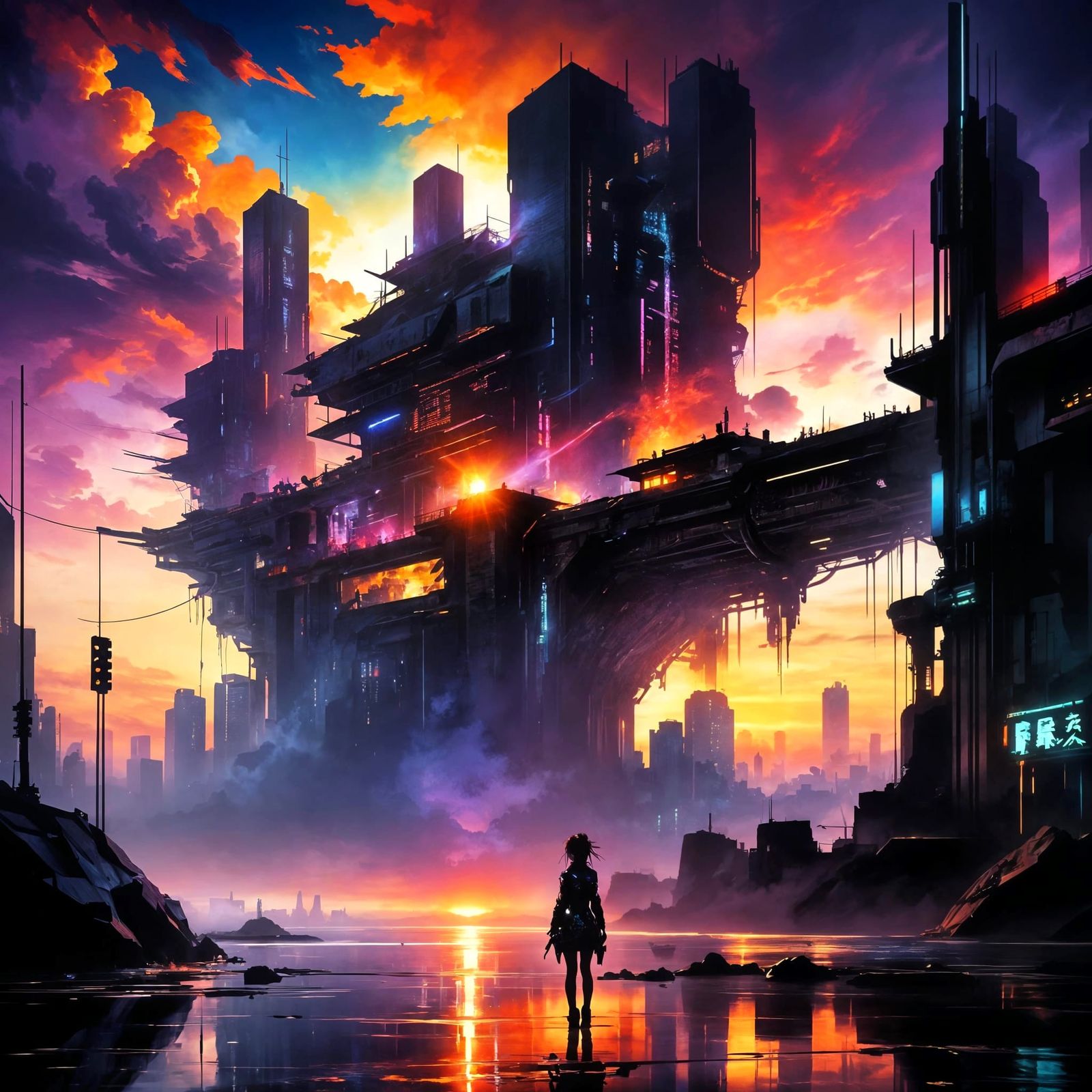 Cyberpunk Sunset with Anime Art Influence