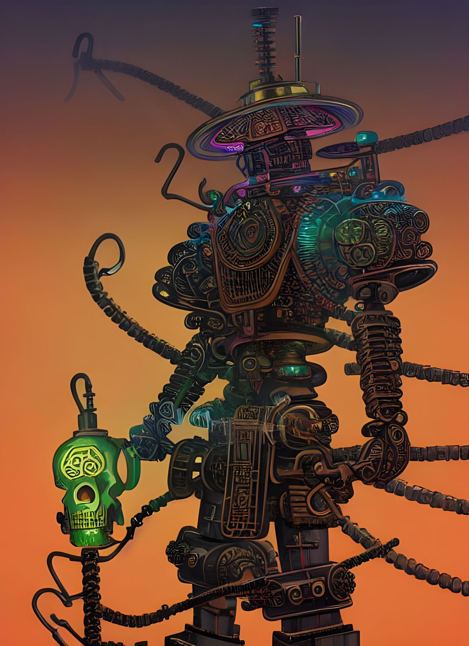 Steampunk Robot Samurai in Neon Japanese Garden
