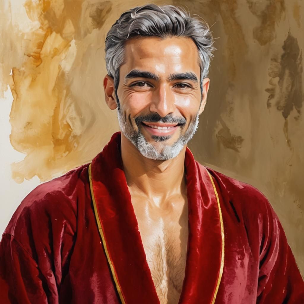Smiling Man in Red Velvet Robe as Impasto Painting