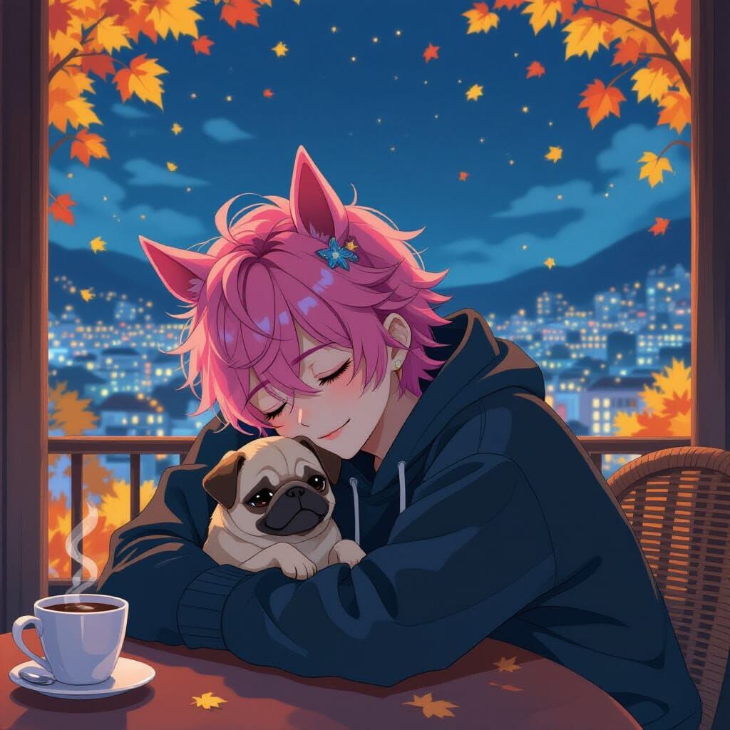 Mystical Anime Boy with Pink Hair and Horse Ears at Night