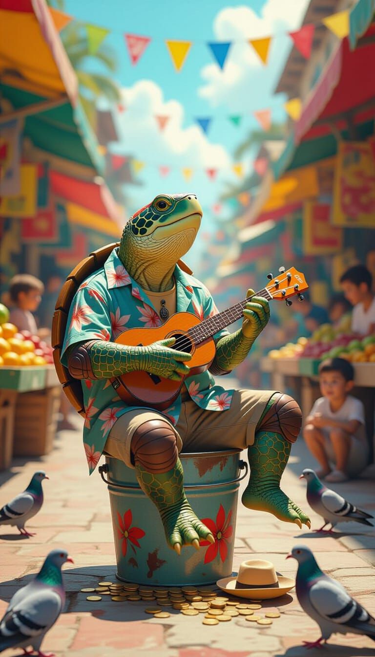 Hyperrealistic Turtle Performs Ukulele in Marketplace