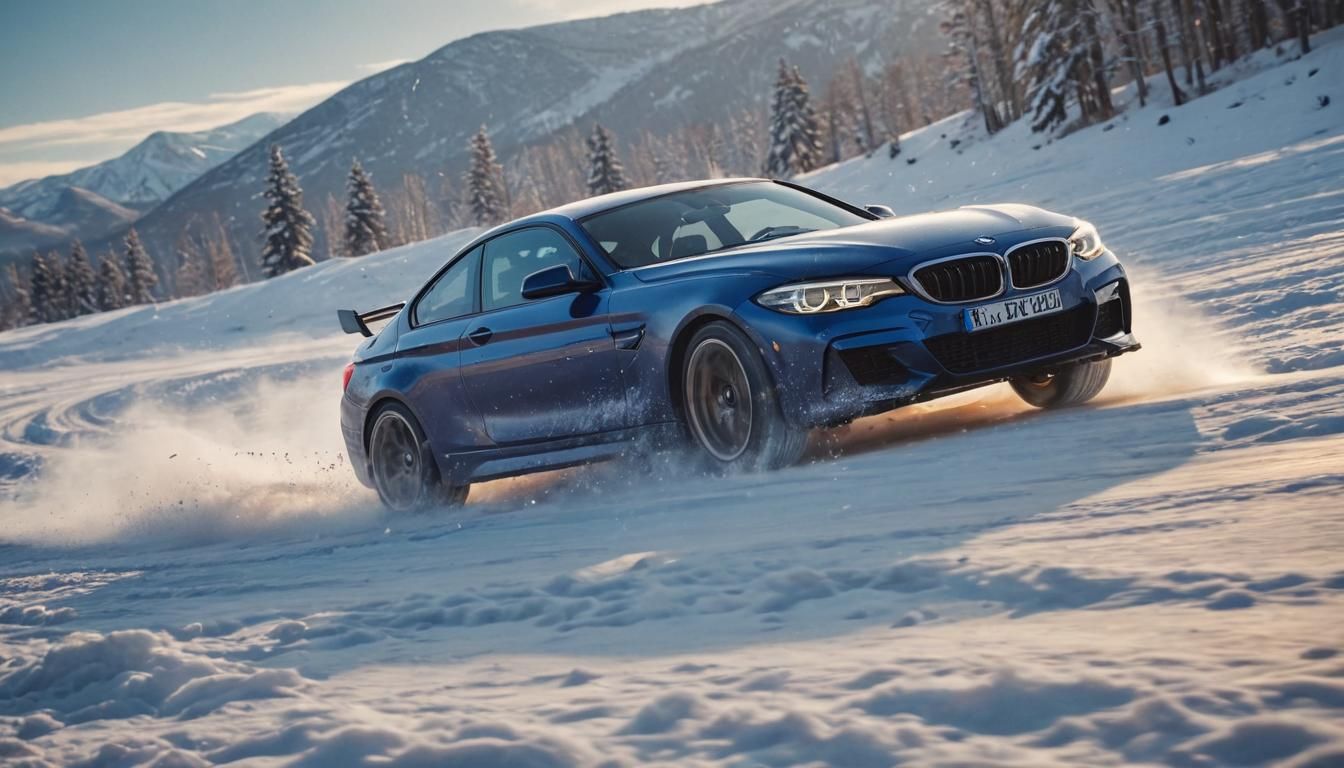 Blue BMW Drifting Through Snowy Landscape
