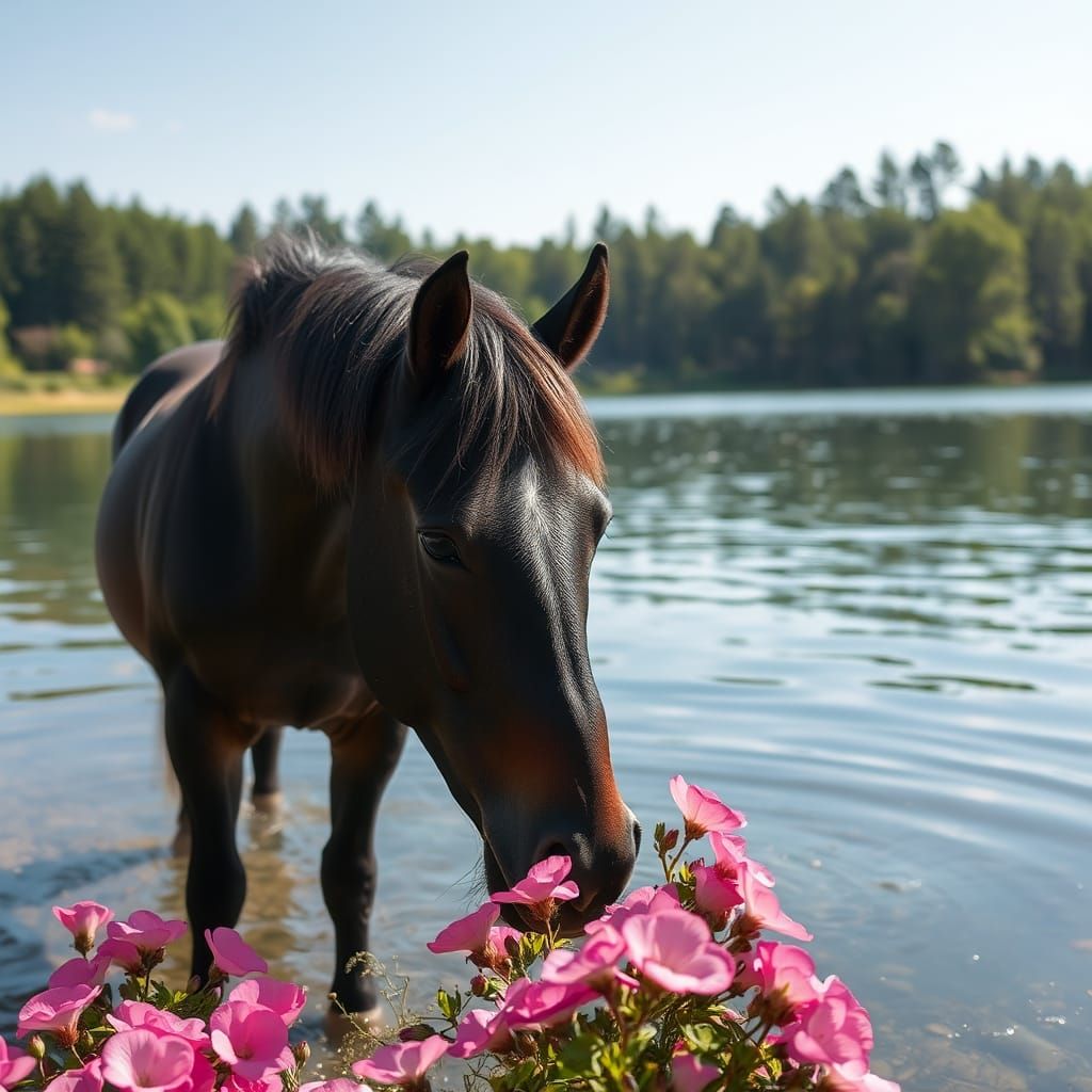 Dark Horse Drinks in Lake with Pink Flowers