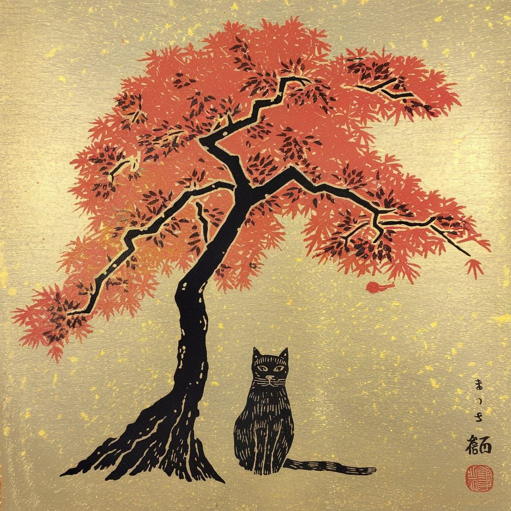 Traditional Japanese Red Maple Tree in Gold Mica Background