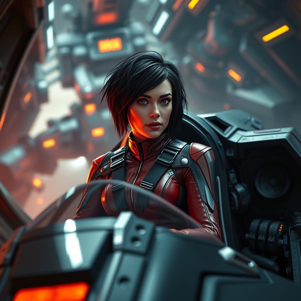 Sultry Female Pilot in Futuristic Cockpit