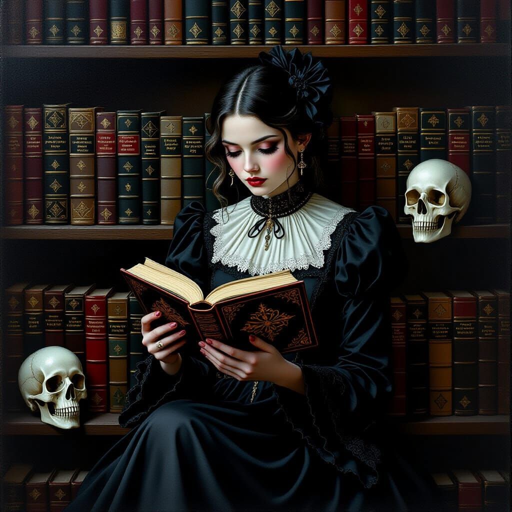 Gothic Girl Reading Book in Victorian Library