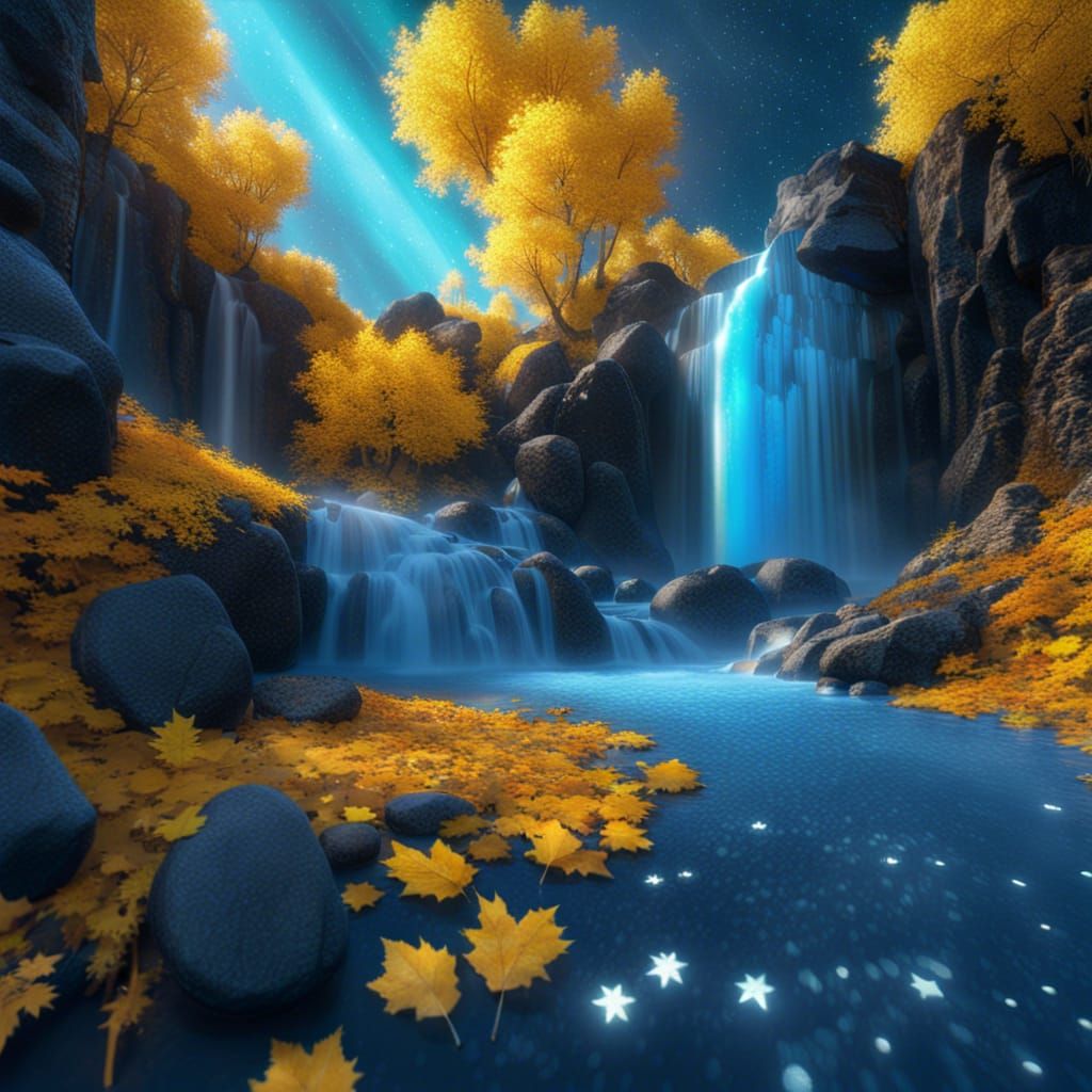 Light Blue Waterfall with Aurora and Autumn Leaves