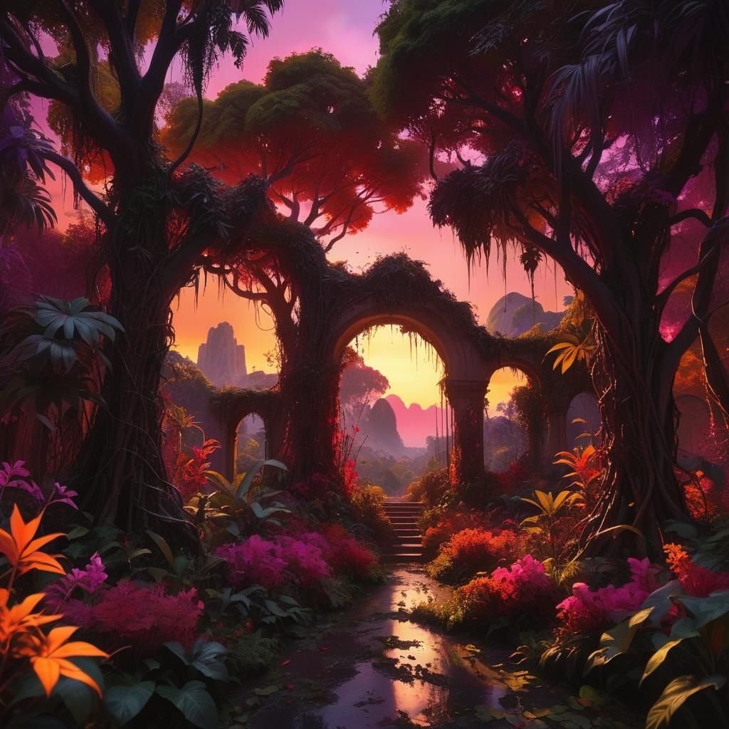 Vibrant Red Garden at Sunset: Digital Matte Painting