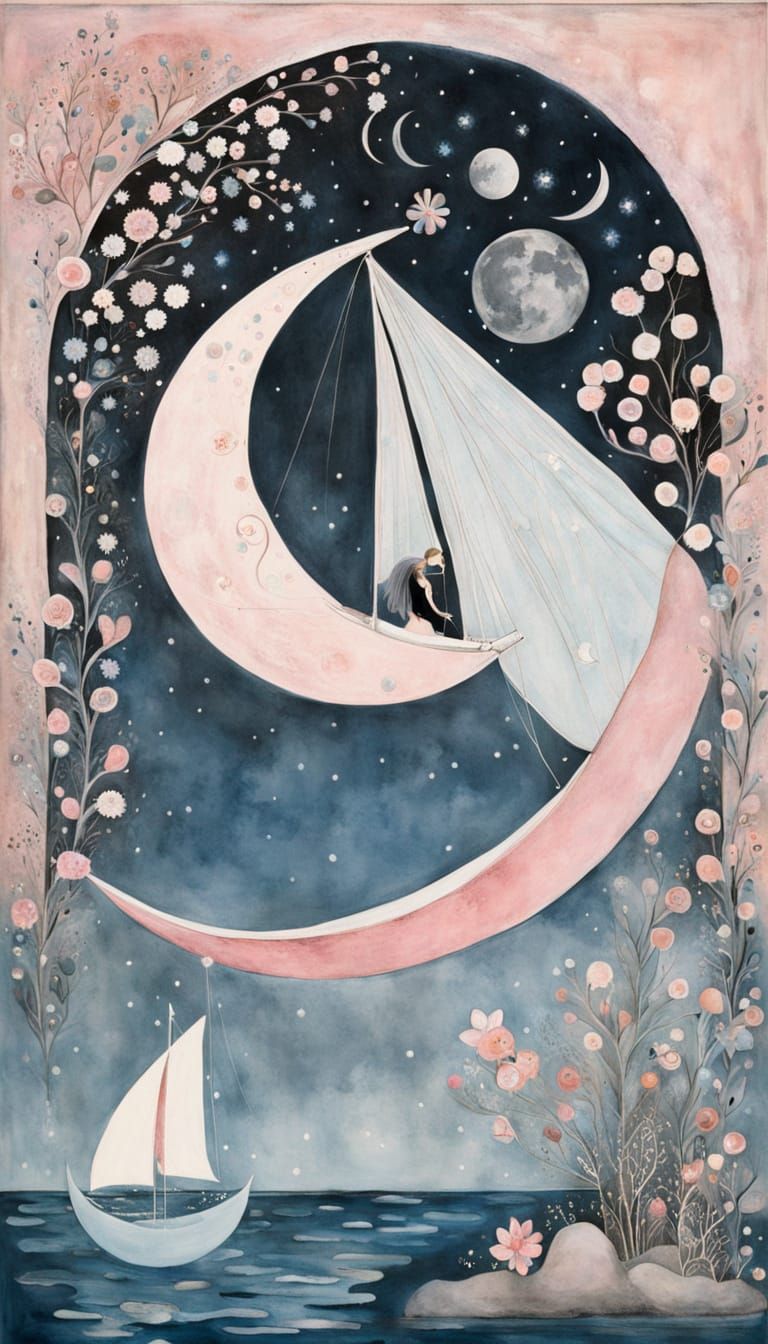 Sailboat on Crescent Moon in Detailed Floral Style