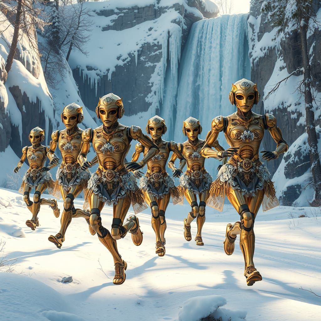 Baroque Metallic Robots in Futuristic Winter Wonderland