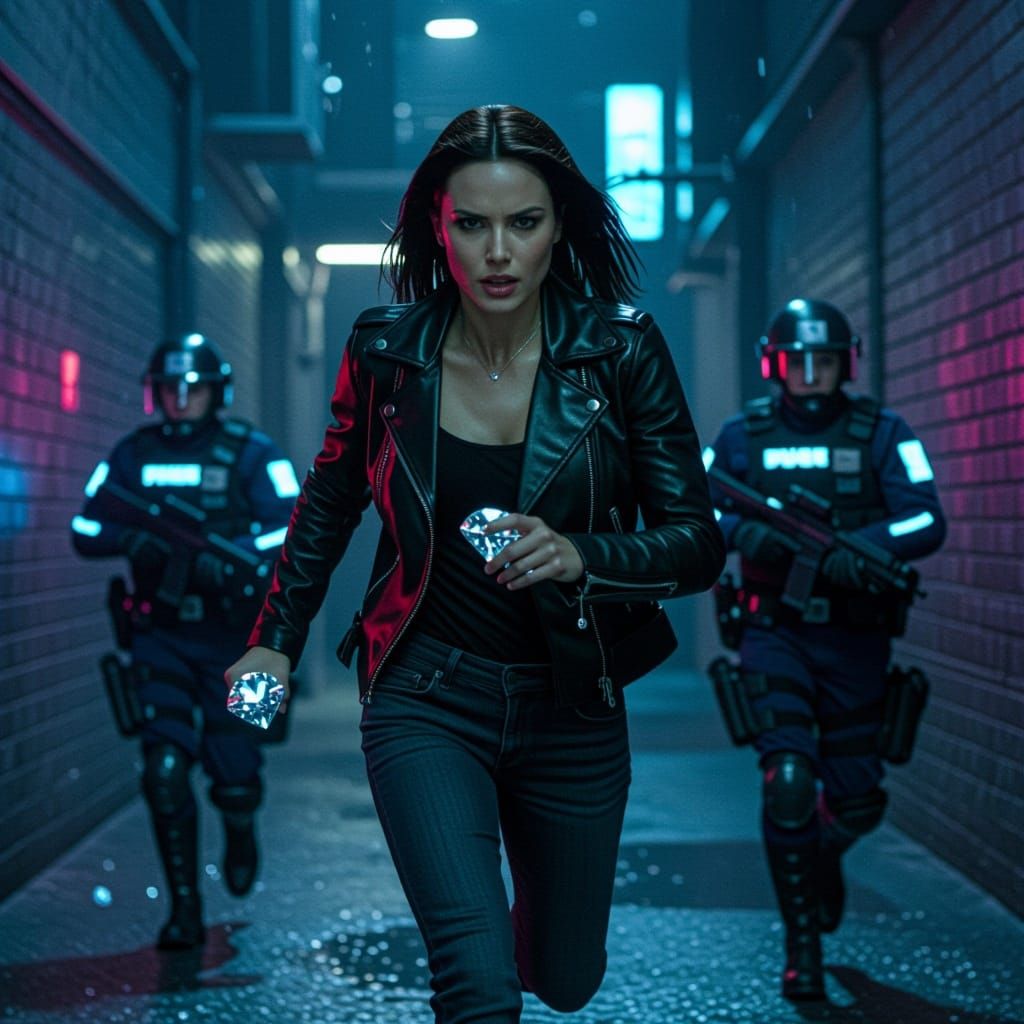 Futuristic Heist Unfolds in Neon-Lit Alleyway