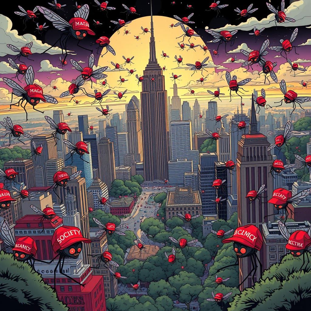 Mosquitos in MAGA Hats Devour City in Cartoonish Chaos