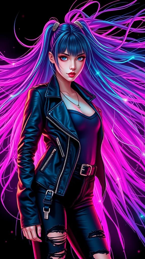 Cyberpunk Girl with Magical Aura and Colorful Hair