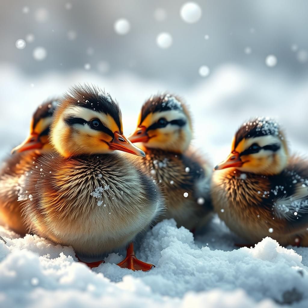 Cute Ducklings in Snow: Hyperrealistic Splash Art