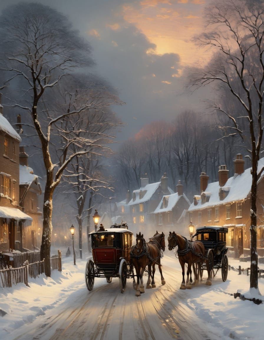 Victorian Snow Village Scene with Horse and Carriage