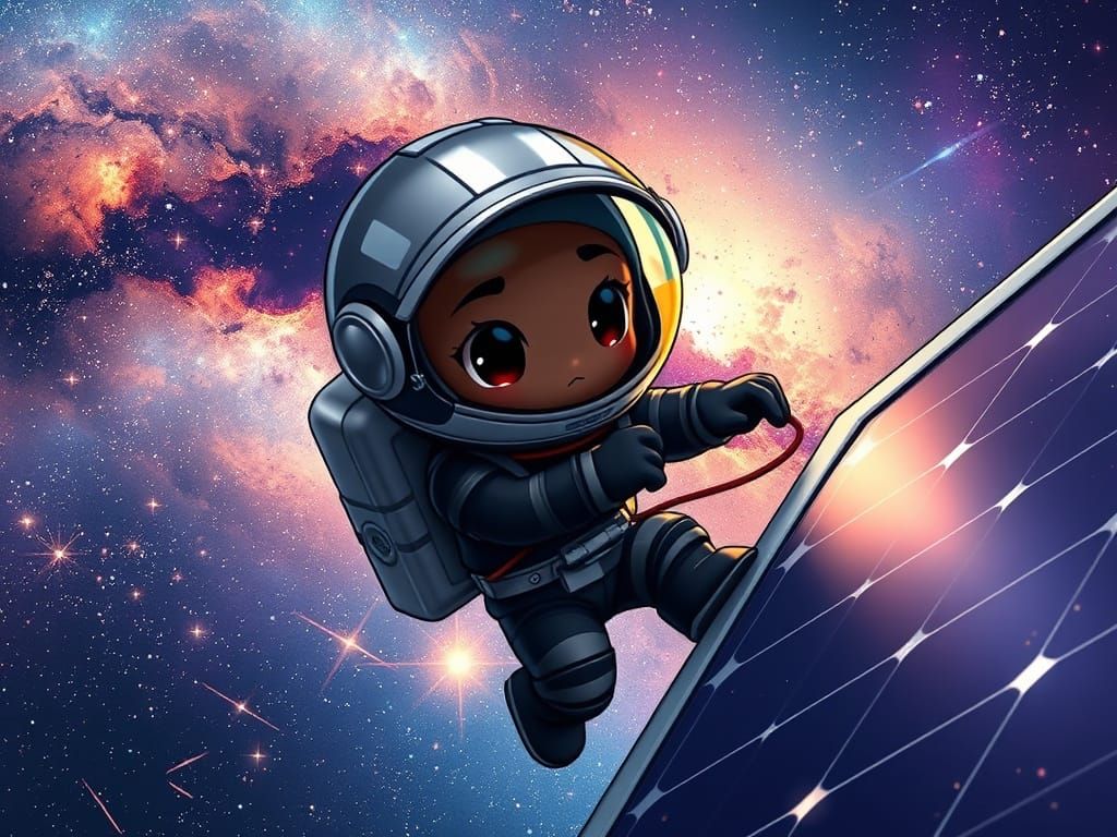 Chibi Astronaut Repairs Solar Panel in Vibrant Galaxy