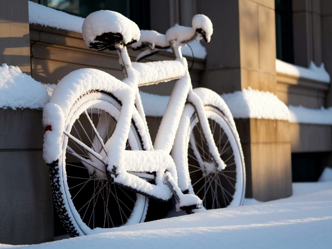 Snow-Covered Bicycle Leans Against Stone Building
