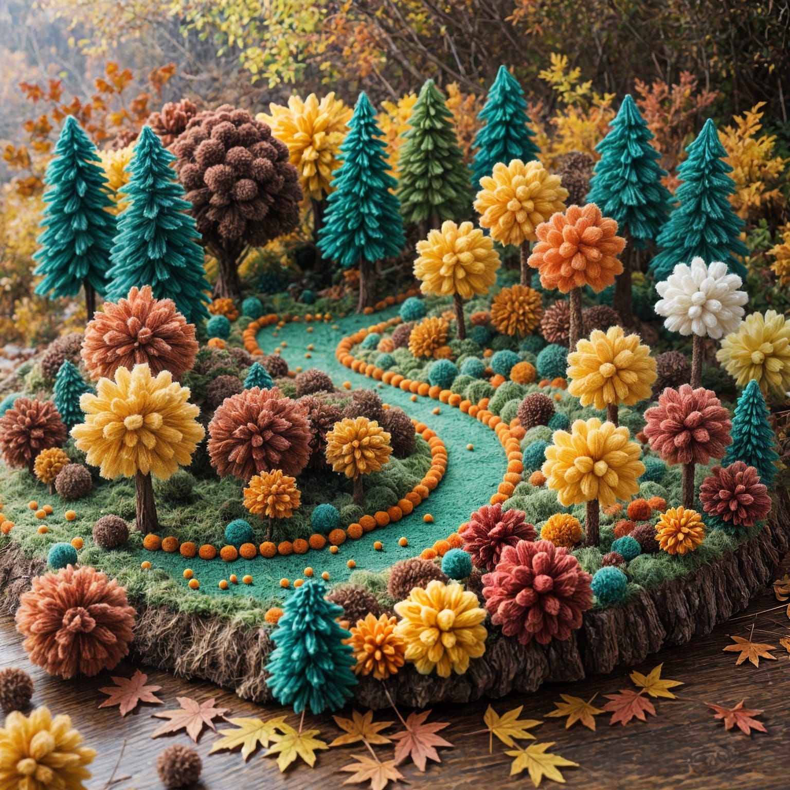 Autumn forest made entirely out of pom poms.