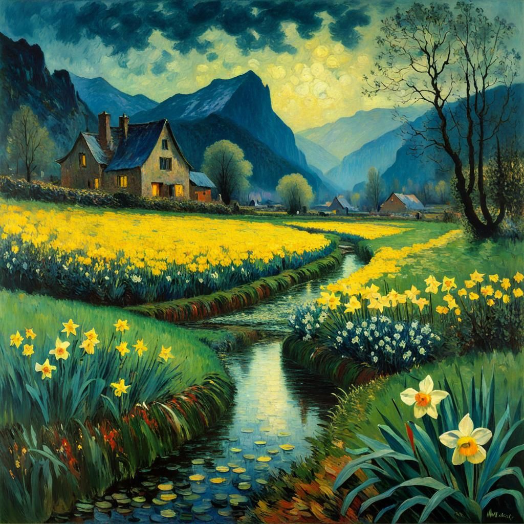Daffodil Meadows in Rainy Valley: Impressionist Painting