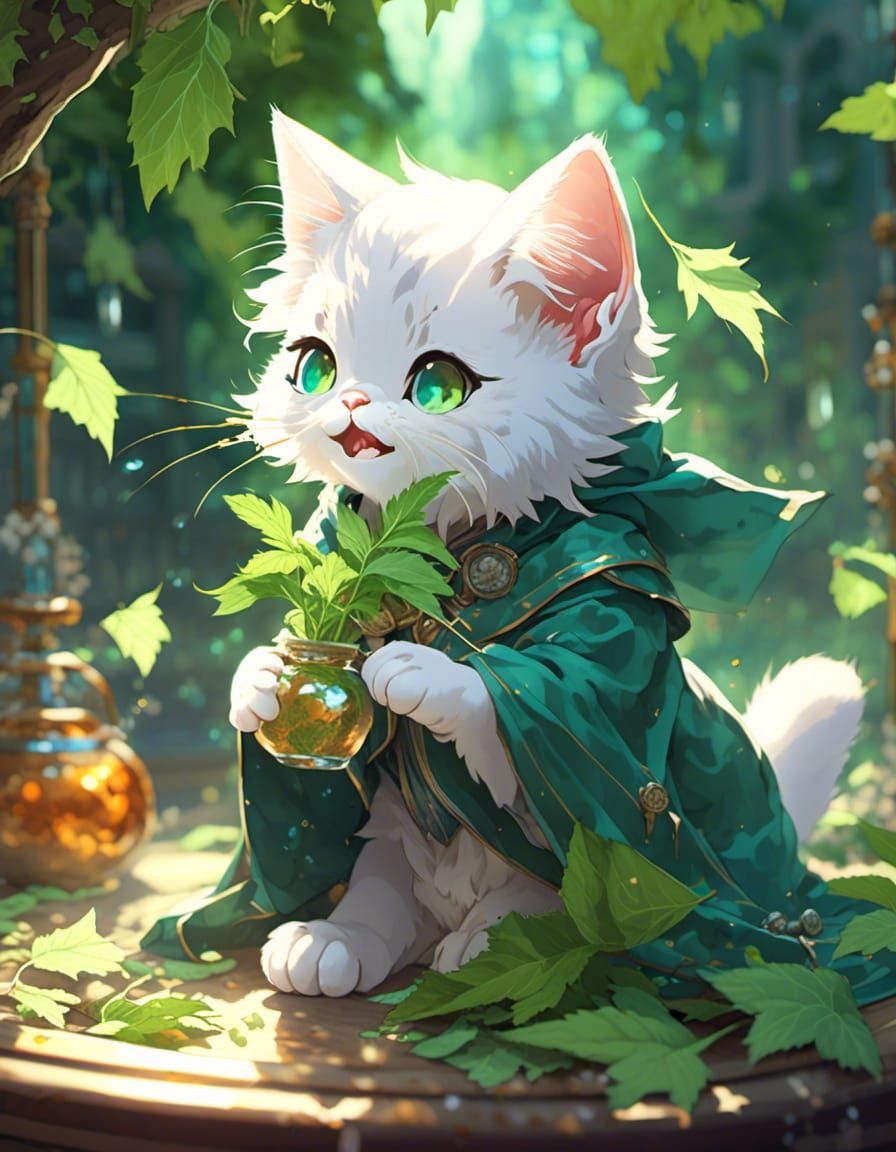 Kitten Alchemist in a Mystical Catnip Garden