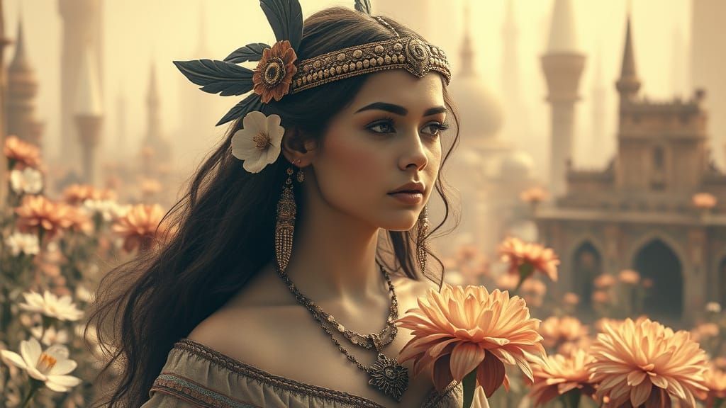 Ancient Princess in Futuristic Floral City, Vintage Sepia To...