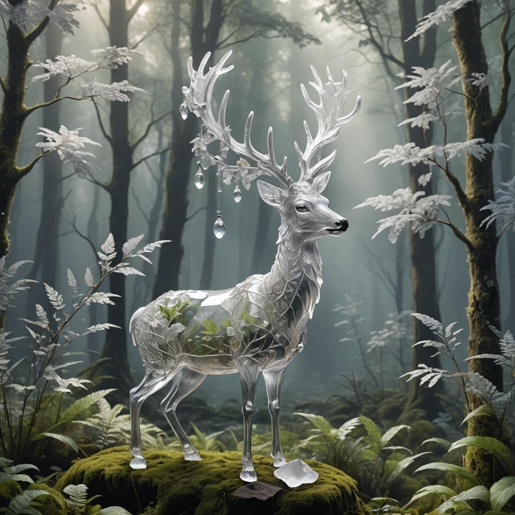 Quartz Crystal Deer in Ethereal Forest