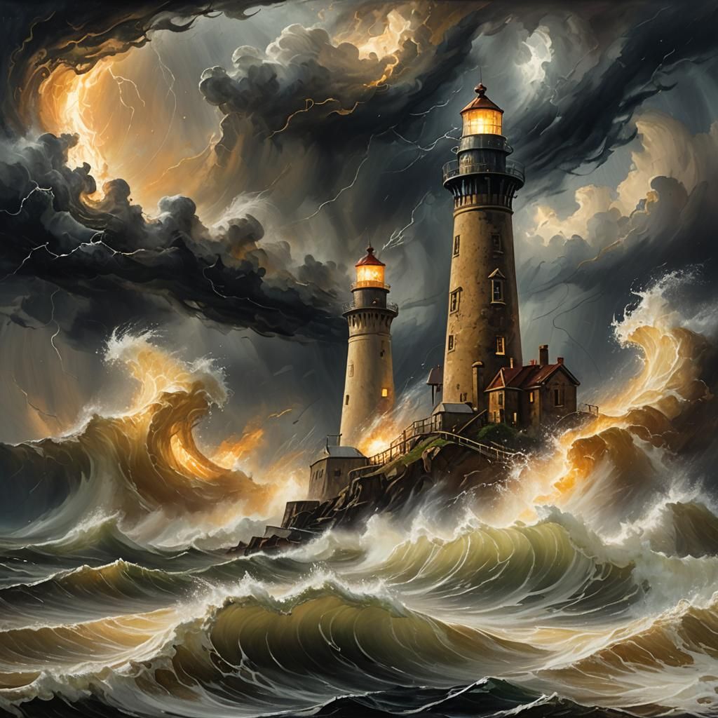 Hurricane Hits Lighthouse: Apocalyptic Oil Painting