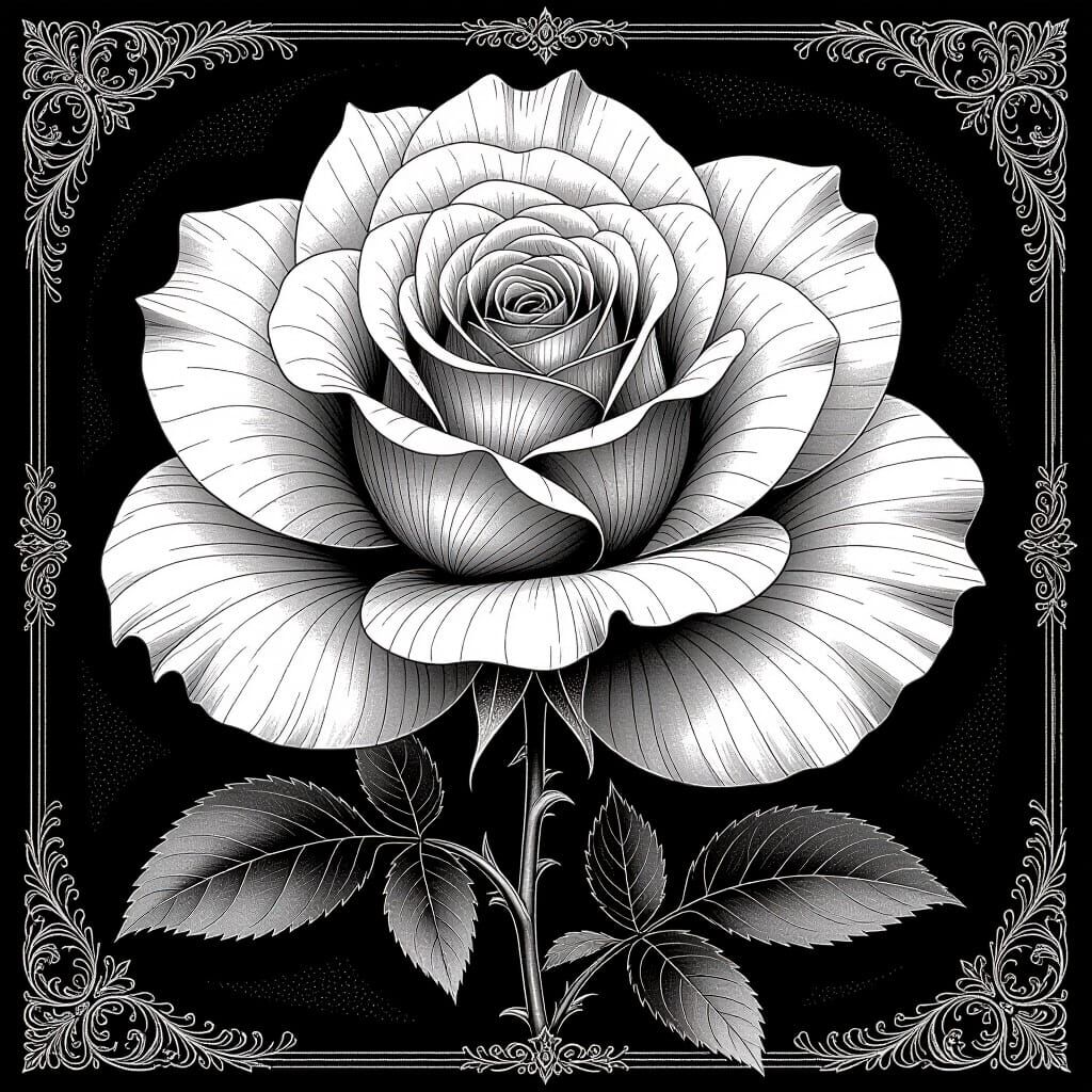 Intricate Monochrome Rose in Beardsley-Inspired Style