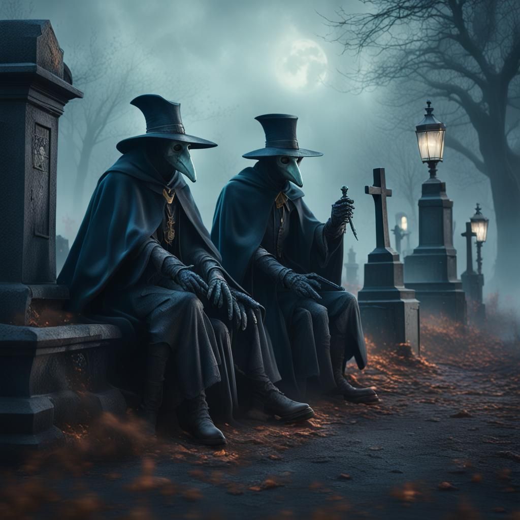 Plague Doctors on Graveyard Fence, Fantasy Concept Art