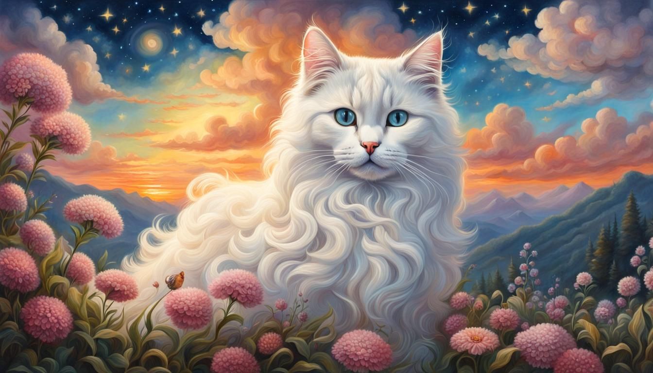 Cloud Cat Portrait on Flower Hill at Sunset