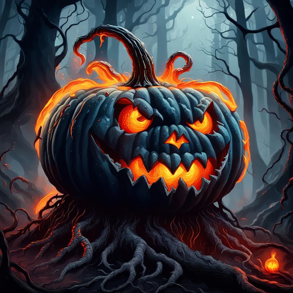 Evil Pumpkin Spitting Lava in Dark Fantasy Style