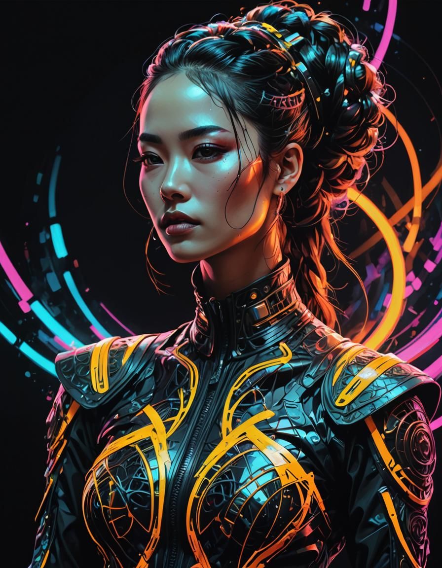 Neon Futurism Woman in Ornate Glowing Clothing