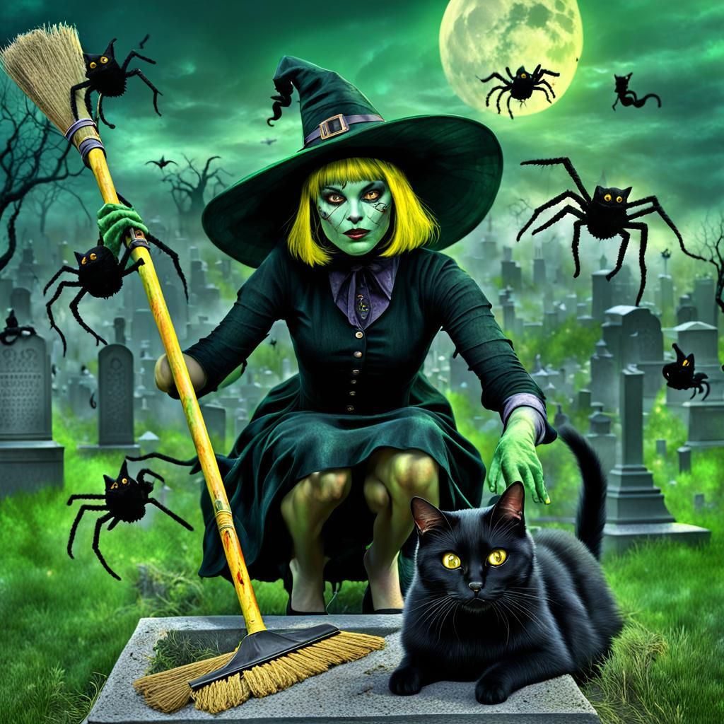 Hyperrealistic Witch with Black Cat in Graveyard
