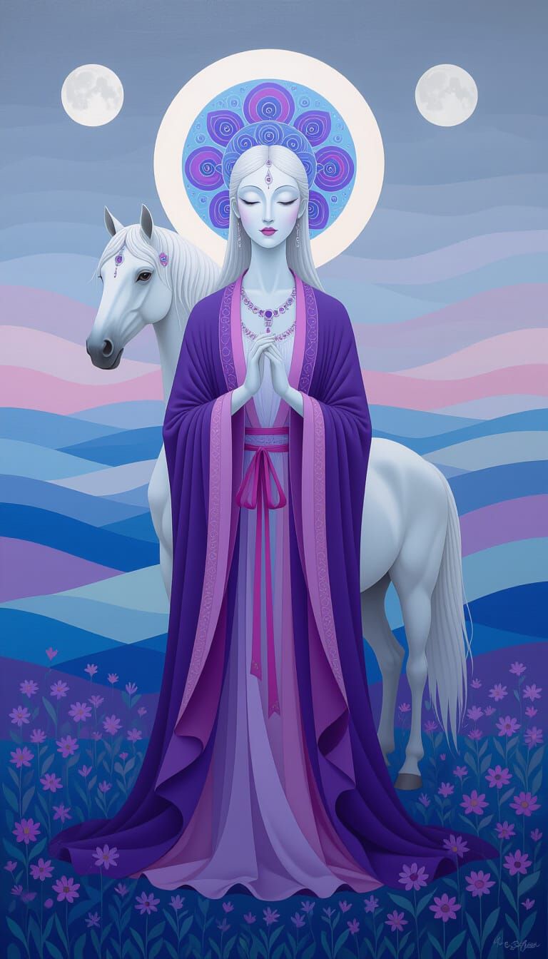 Ethereal Figure on Horse Body in Dreamlike Landscape