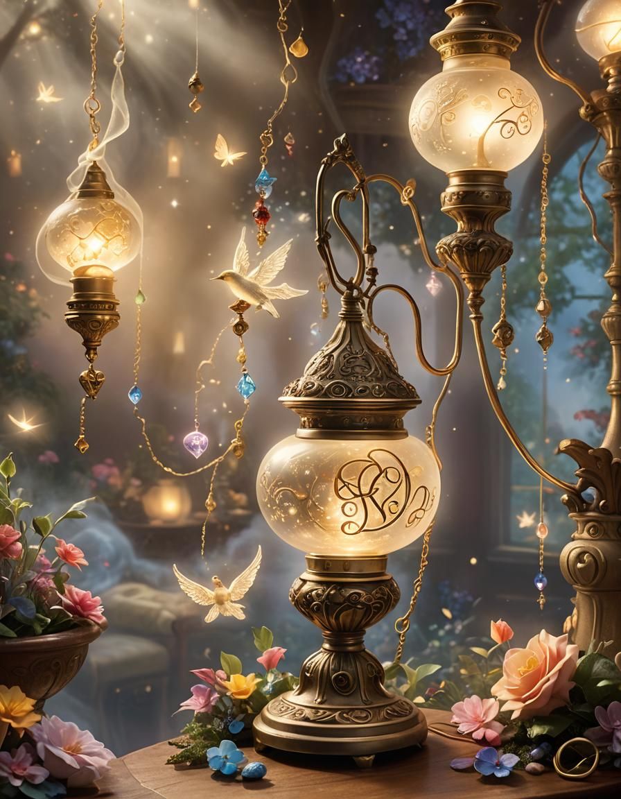 Lamp of Three Wishes in Dreamlike Oil Painting